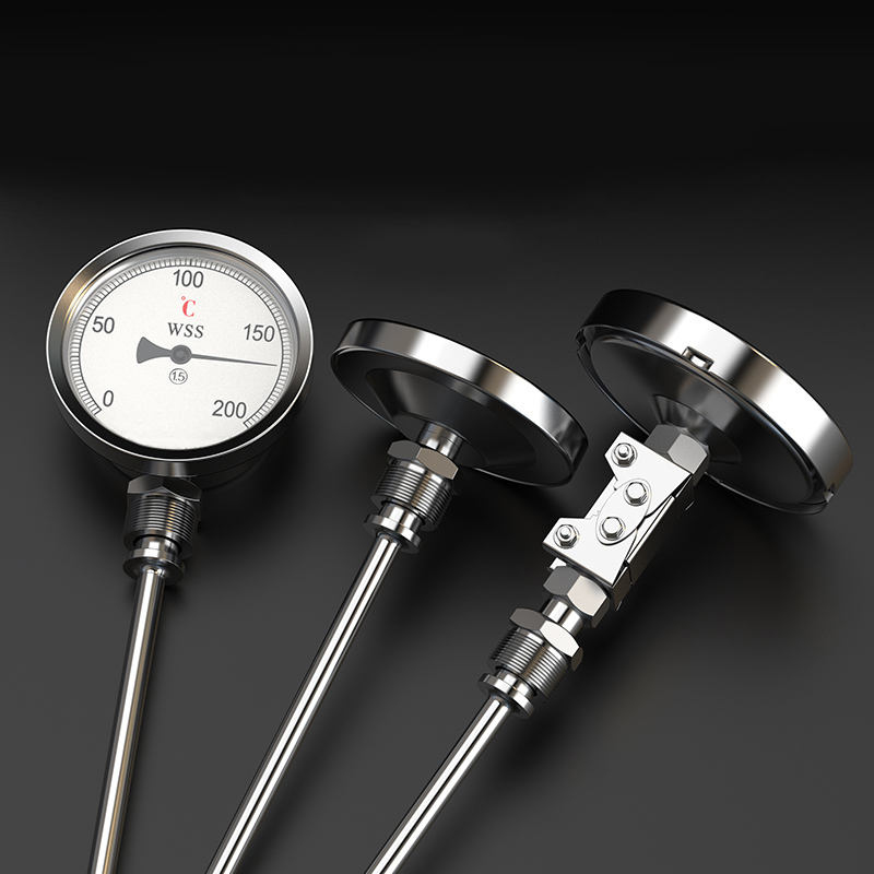 Industriel aksial-radial type brugerdefineret længde 1/2 gevind 304 rustfrit stål 1,6 præcision pointer-type bimetallisk termometer